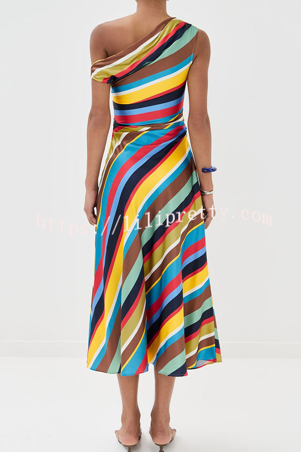 Sunkissed Satin Colourful Stripe Print One Shoulder Midi Dress