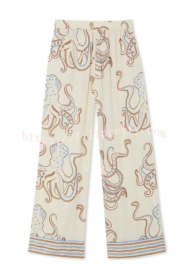 Calm Seas Line Octopus Unique Print Loose Shirt and Elastic Waist Pocketed Pajama Set