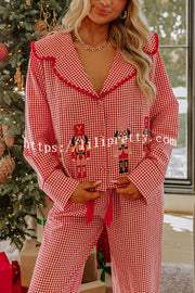 Nutcracker Charm Embroidered Gingham Loose Shirt and Elastic Waist Pajama Set
