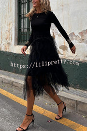 Jansen Ribbed Knit Patchwork Layered Tulle Ruffles Long Sleeve Midi Dress