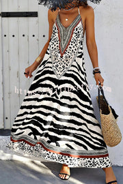 Zebra Print V-neck Open Back Loose Maxi Dress