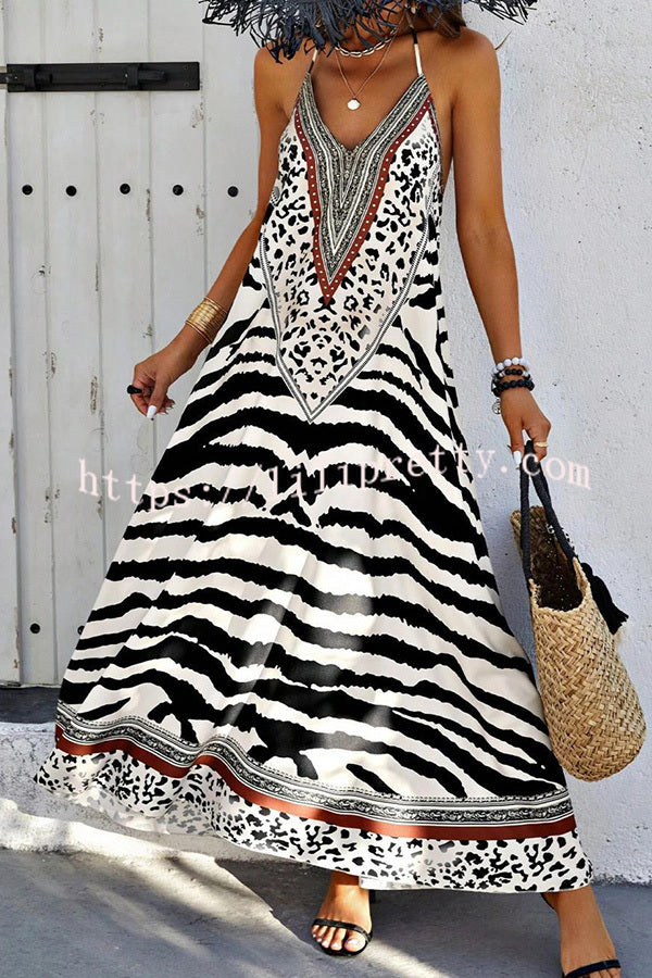 Zebra Print V-neck Open Back Loose Maxi Dress
