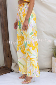 Soleila Floral Print One Shoulder Tie-up Crop Top and Elastic Waist Pocket Loose Pants Set