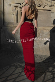 Fashionable Contrast Color Open Back Side Pleated Draped Maxi Dress