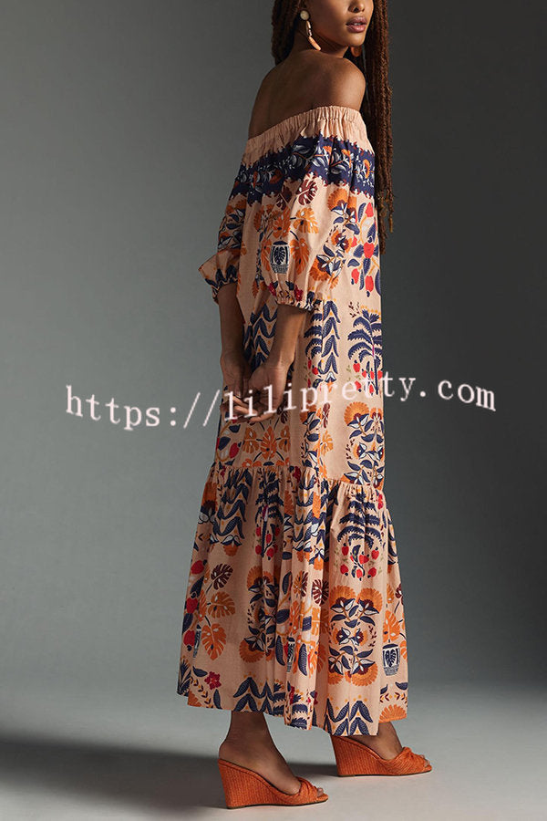Lilipretty Island Lover Printed Off The Shoulder Pocketed Flowy Midi Dress