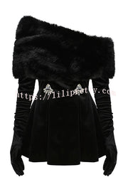 Stylish Velvet Off-shoulder Fitted Mini Dress and Fluffy Shawl, Velvet Gloves Three-piece Set