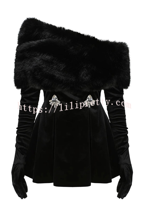 Stylish Velvet Off-shoulder Fitted Mini Dress and Fluffy Shawl, Velvet Gloves Three-piece Set