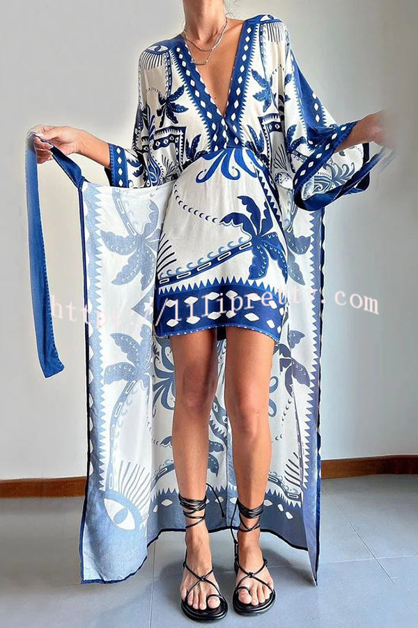 Lilipretty Chic Palm Tree Ethnic Print Fake Two Piece Lace Up Maxi Dress