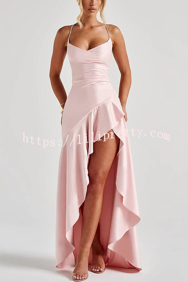 Solid Color Sexy Backless Lace-up Irregular Ruffled Maxi Dress