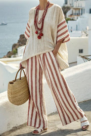 Striped Print Crew Neck Loose Top and Elastic Waist Casual Wide Leg Pants