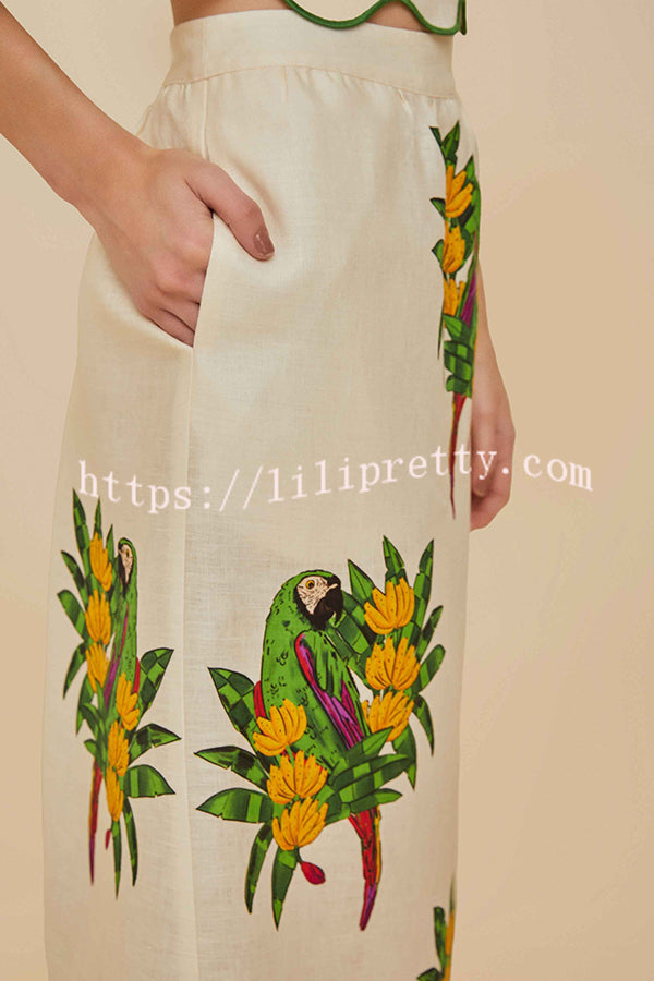 Parrot Print Round Neck Loose Crop Top and Elastic Waist Pocket Casual Midi Skirt Set