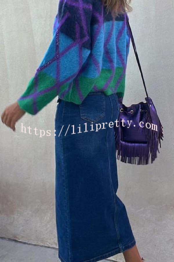 Lilipretty Dunev High Rise Pocket Button Belt Slit Denim Skirt