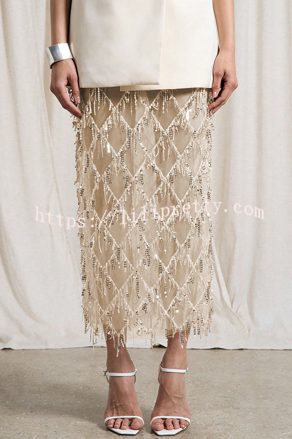 Sexy See-through Sequined Tassel Midi Skirt