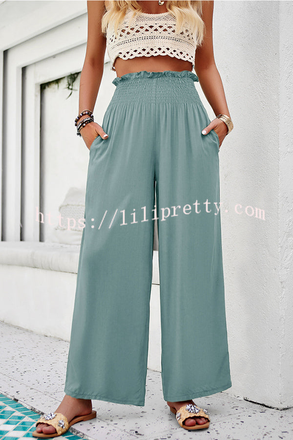 Solid Color Pleated Pocket Stretch Elastic Waist Wide Leg Pants