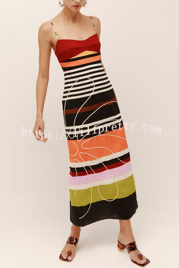Beach Moment Linen Blend Unique Flower Color Block Slip Maxi Dress