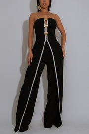 Fashionable Contrast Color Off-shoulder Metal Decoration Casual Elegant Jumpsuit