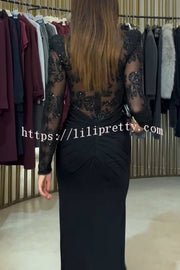 Fenna Sheer Floral Sequin Shoulder Pads Long Sleeve Drape Slit Maxi Dress