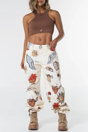 Angel Wings Denim Unique Print Mid Rise Pocket Loose Pants