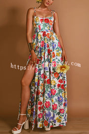 Garden Wedding Floral Print Back Tie-up Pocketed Slit Maxi Dress