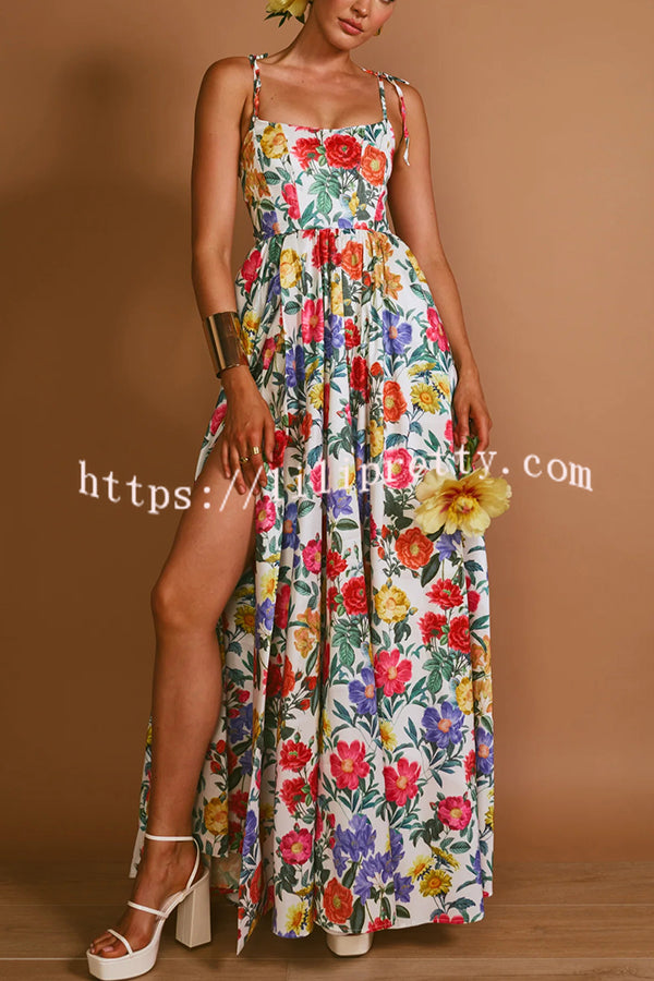 Garden Wedding Floral Print Back Tie-up Pocketed Slit Maxi Dress