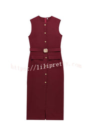 Danina Button Up Sleeveless Metal Belted Pocket Stretch Midi Dress