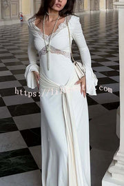 Fashion Lace Splicing Sexy V-neck Long-sleeved Slim Maxi Dress