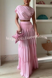 Stunning Chiffon Ruched Shoulder Short Sleeve Crop Top