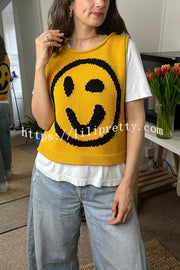 Always Happy Face Knit Unique Pattern Versatile Loose Tank Top