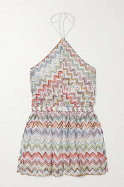 Juney Knit Colorful Zigzag Pattern Halter Neck Slit Wide Leg Loose Romper