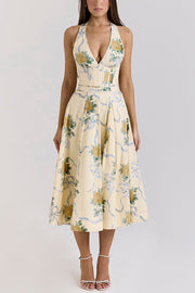 Resort Star Floral Print Waist Halterneck Tie Pocket Midi Dress