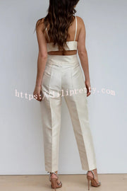 Chic Affair Satin Feather Trim Lapel Loose Blazer and High Rise Pocket Tapered Pants Set