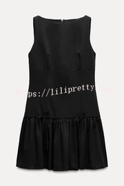 Solid Velvet Bow Embellished Sleeveless Mini Dress