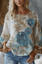 Bohemian Floral Print Round Neck Long-sleeved Loose Top