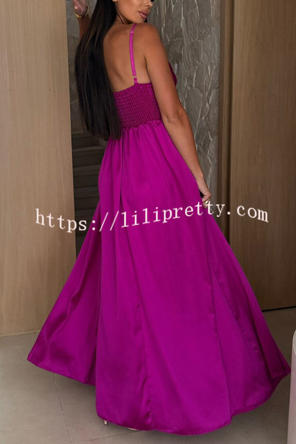 Solid Color Suspender Back Pleated Elegant Slit Full Hem Maxi Dress