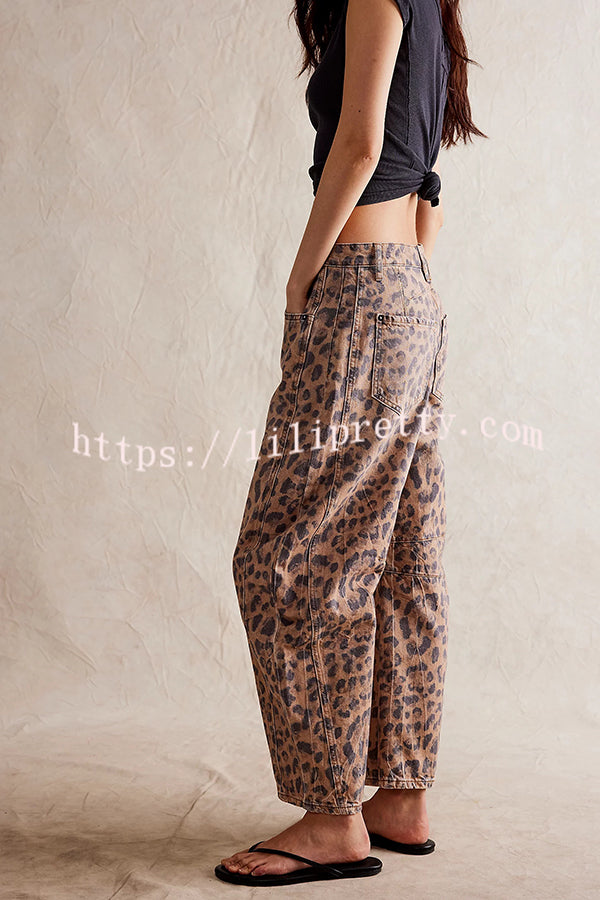 We The Free Denim Leopard Print Mid Rise Pocketed Barrel Jeans