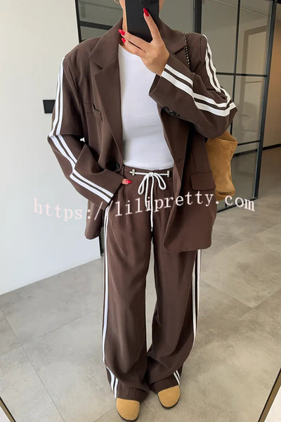 Levvie Striped Trim Long Sleeve Lapel Blazer and Rope Belt Pocketed Wide Leg Pants Set