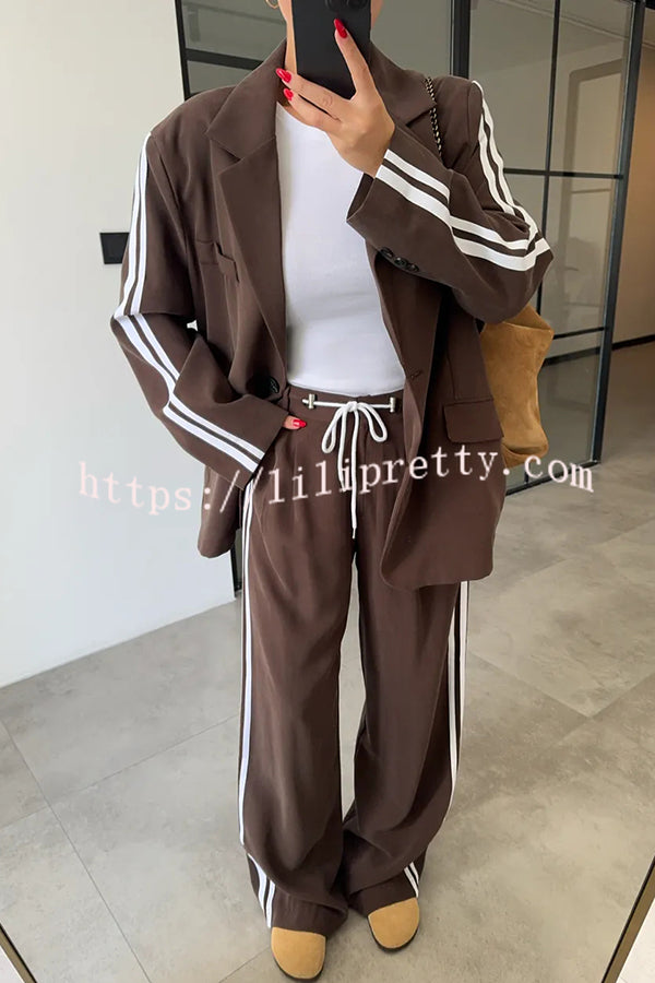 Levvie Striped Trim Long Sleeve Lapel Blazer and Rope Belt Pocketed Wide Leg Pants Set