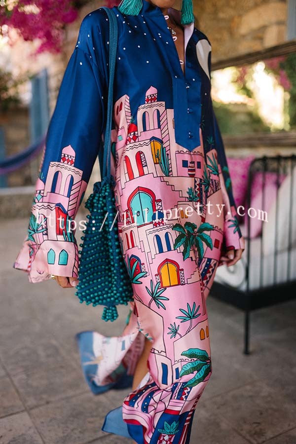 Seaside Stroll Satin Unique Print Button Up Long Sleeve Slit Kaftan Midi Dress