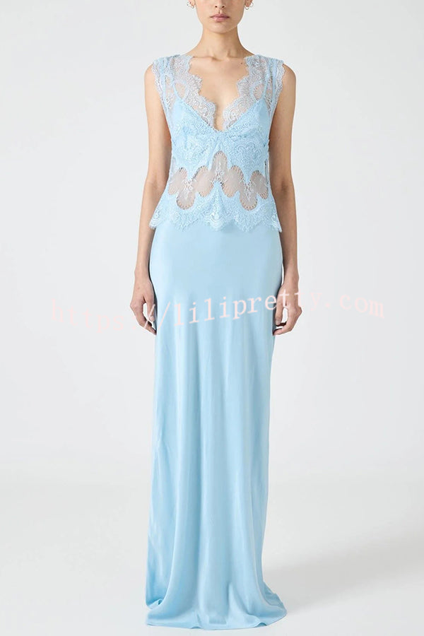 Wonderful Fusion Satin Lace Trim See-through Waist V-neck Drape Maxi Dress