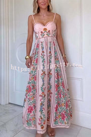 Linen Blend Delicate Forest Unique Print Sweetheart Neck Beaded Straps Maxi Dress