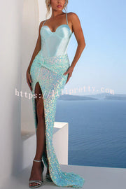 All about Glam Satin Corset Sequin Twist High Leg Split Maxi Dress