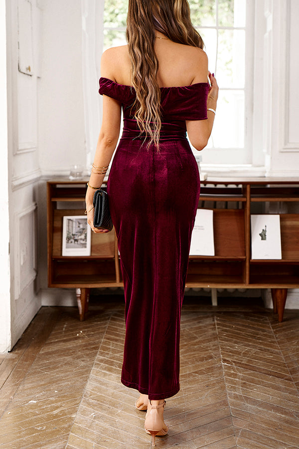 Solid Color Velvet Off-shoulder Slim-fit Elegant Slit Midi Dress