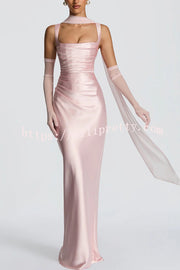 Calanthe Satin Square Neck Ruched Back Lace-up Drape Mesh Scarf Maxi Dress