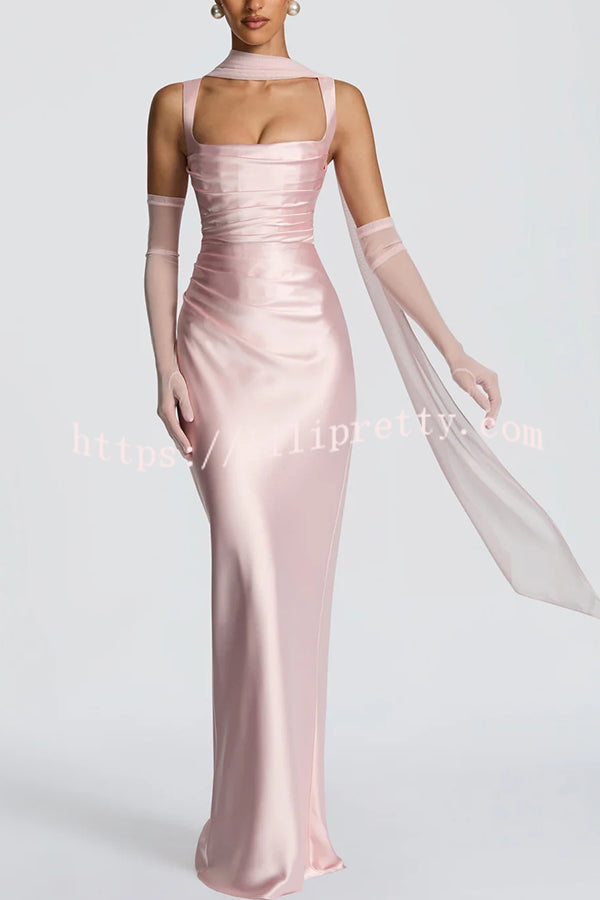 Calanthe Satin Square Neck Ruched Back Lace-up Drape Mesh Scarf Maxi Dress