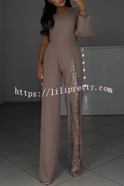 Carlisle One Shoulder Slit Lantern Sleeve Sequin Patchwork Wide Leg Party Jumpsuit
