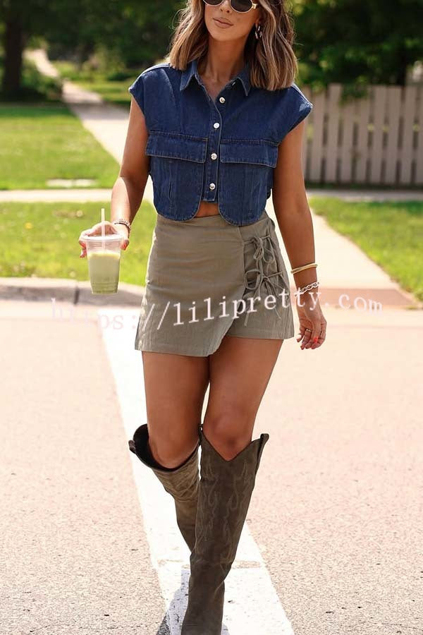 Stylish Weekend Denim Button Up Cape Sleeve Pocket Crop Top