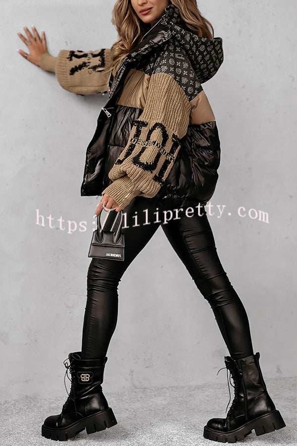 Stylish Denim Knit Long-sleeved Patchwork Hooded Pocket Thickened Jacket