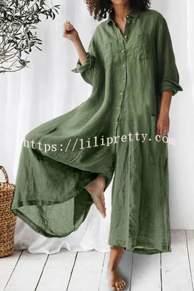 Lilipretty Amaris Cotton and Linen Blend Long Sleeve Loose Wide Leg Shirt Jumpsuit