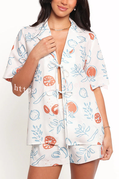 Graffiti Fruit Print Lapel Tie Short Sleeve Top and Elastic Waist Loose Pocket Shorts Set