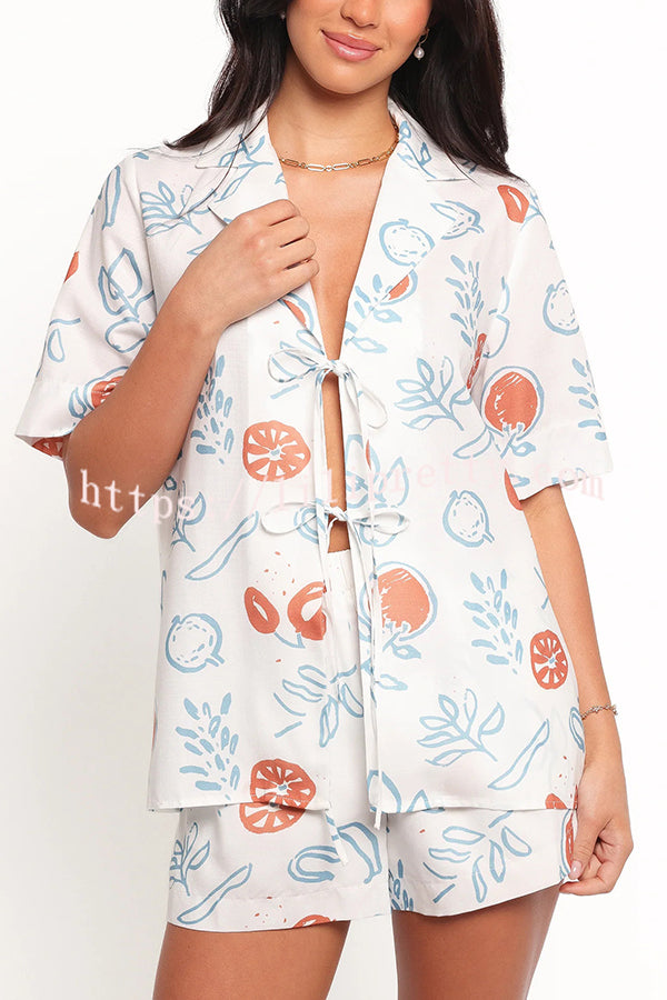 Graffiti Fruit Print Lapel Tie Short Sleeve Top and Elastic Waist Loose Pocket Shorts Set